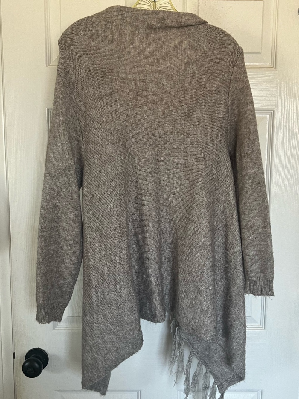 Boho Asymmetrical Fringe Wrap Cardigan Sweater Draped Cowl Neck Knit Taupe L - Picture 2 of 4